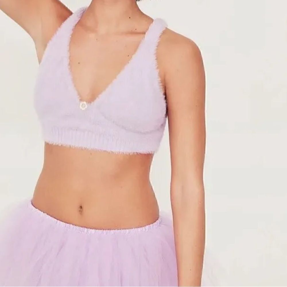 For Love and Lemons Devon Purple Fuzzy Knit Crop Top XS